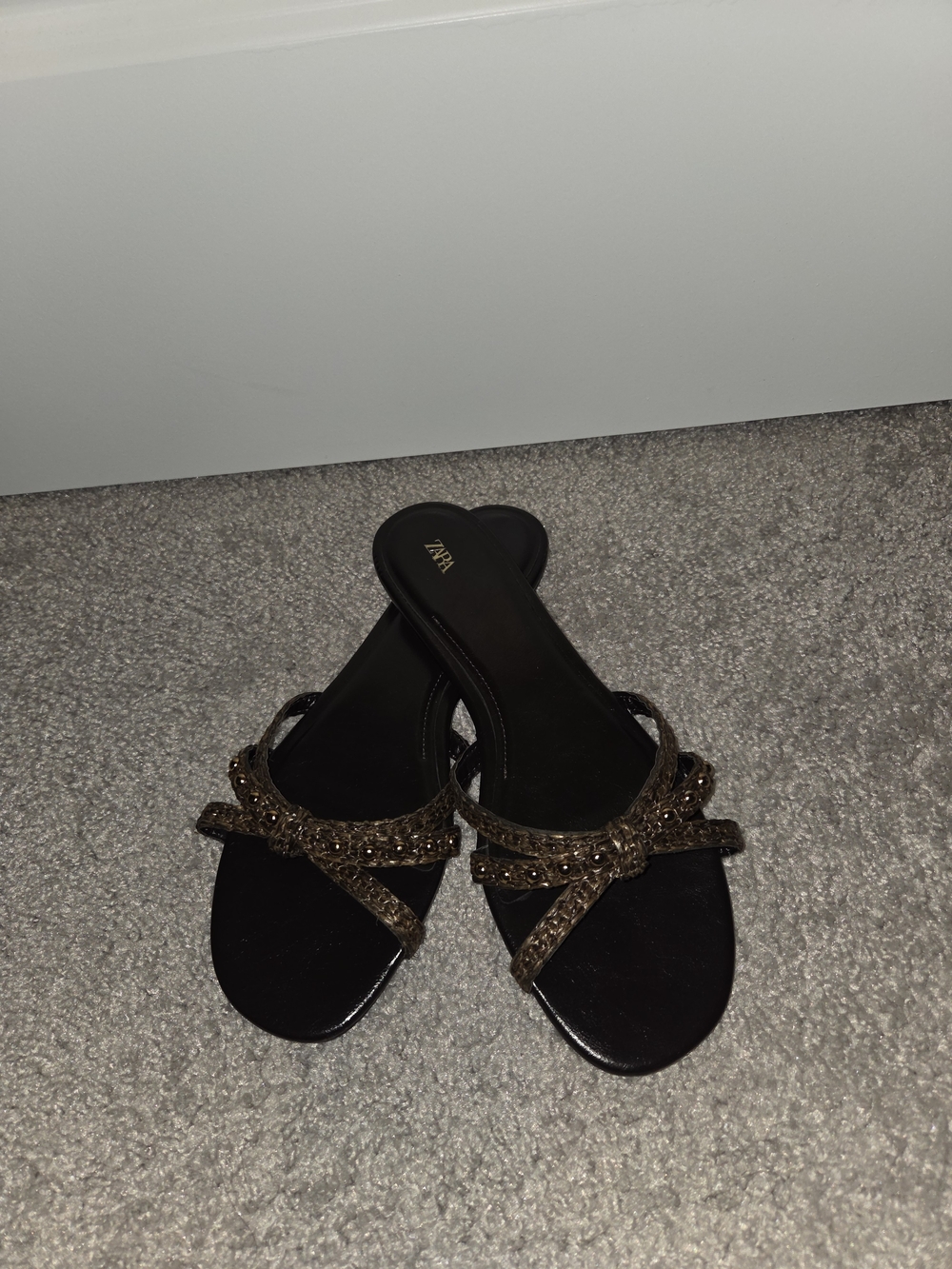 Zara Black/ Brown Slide Sandals with Bronze Beaded Straps
